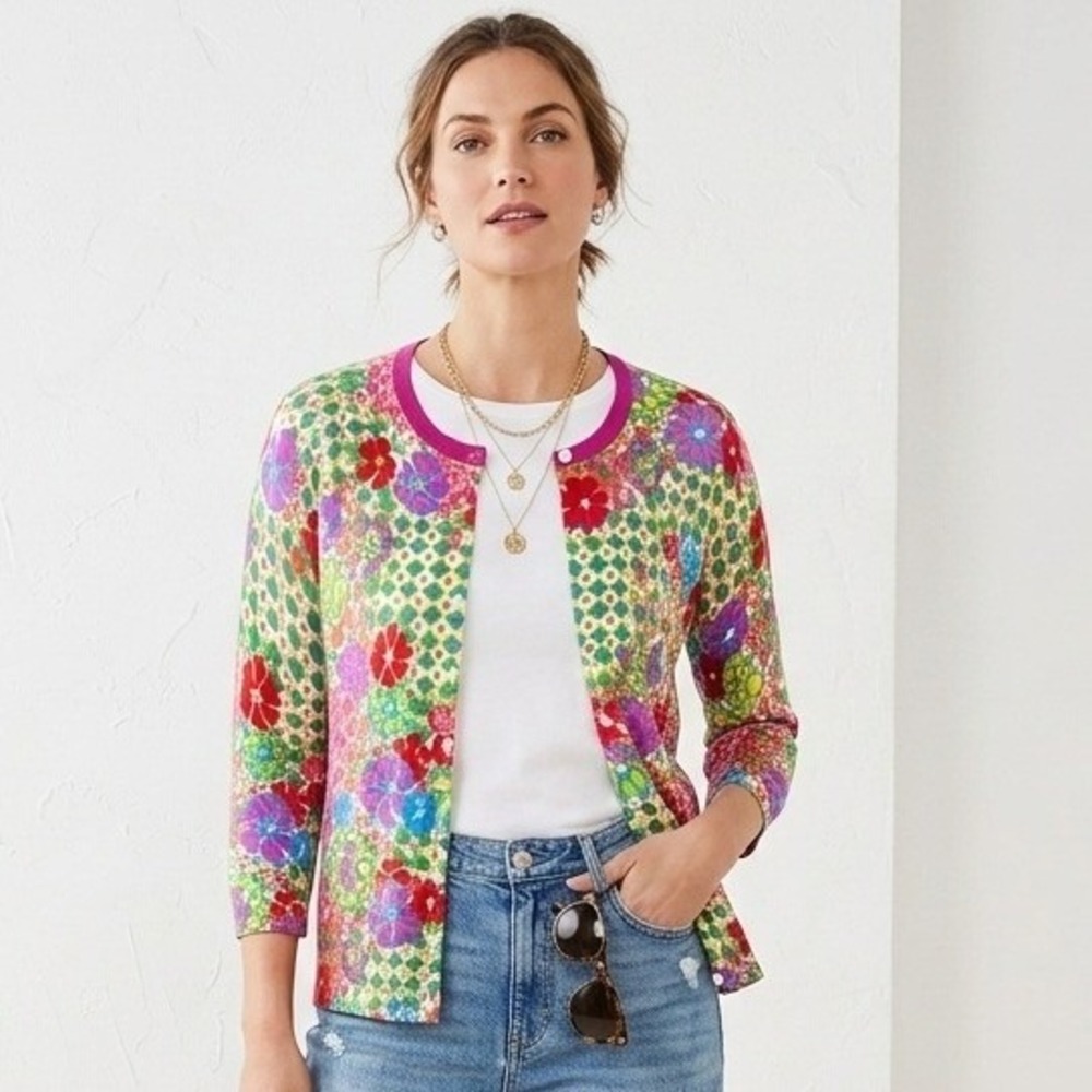 Talbots Cardigan Sweater Womens Medium Multi Color Floral Preppy Cottagecore
